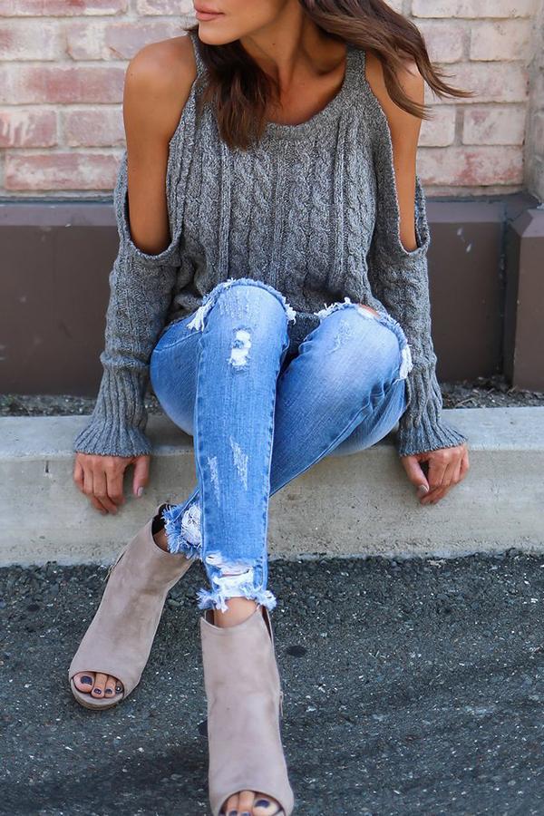 Open Shoulder  Cutout  Plain Sweaters