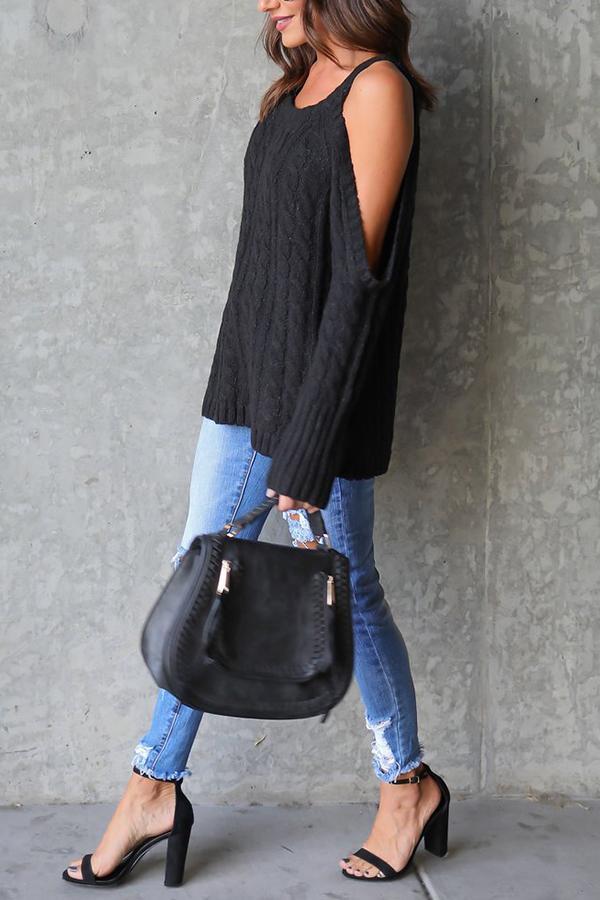 Open Shoulder  Cutout  Plain Sweaters