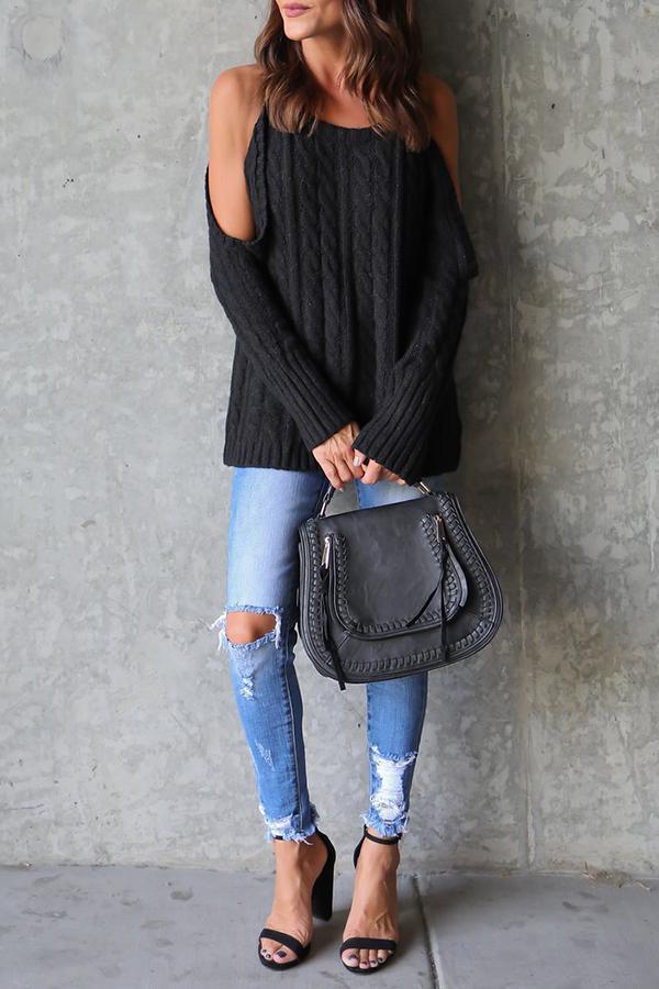 Open Shoulder  Cutout  Plain Sweaters