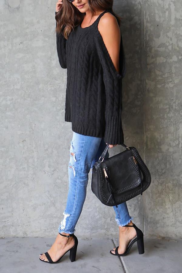 Open Shoulder  Cutout  Plain Sweaters