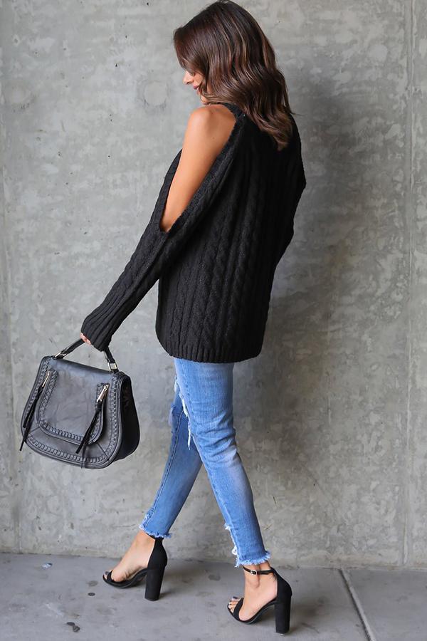 Open Shoulder  Cutout  Plain Sweaters