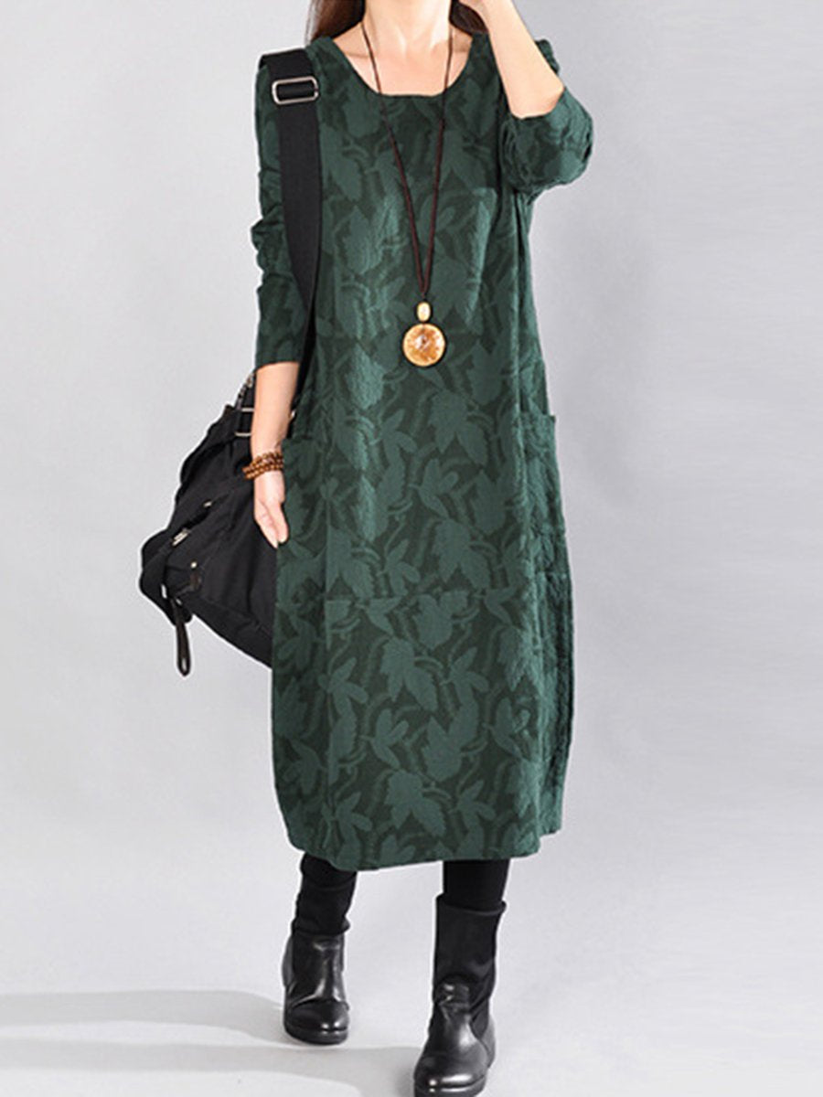 Round Neck Patch Pocket Printed Maxi Dress