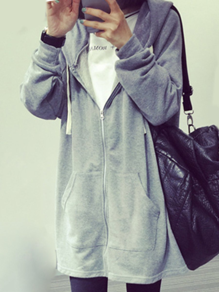 Patch Pocket Zips  Plain  Long Sleeve Hoodies