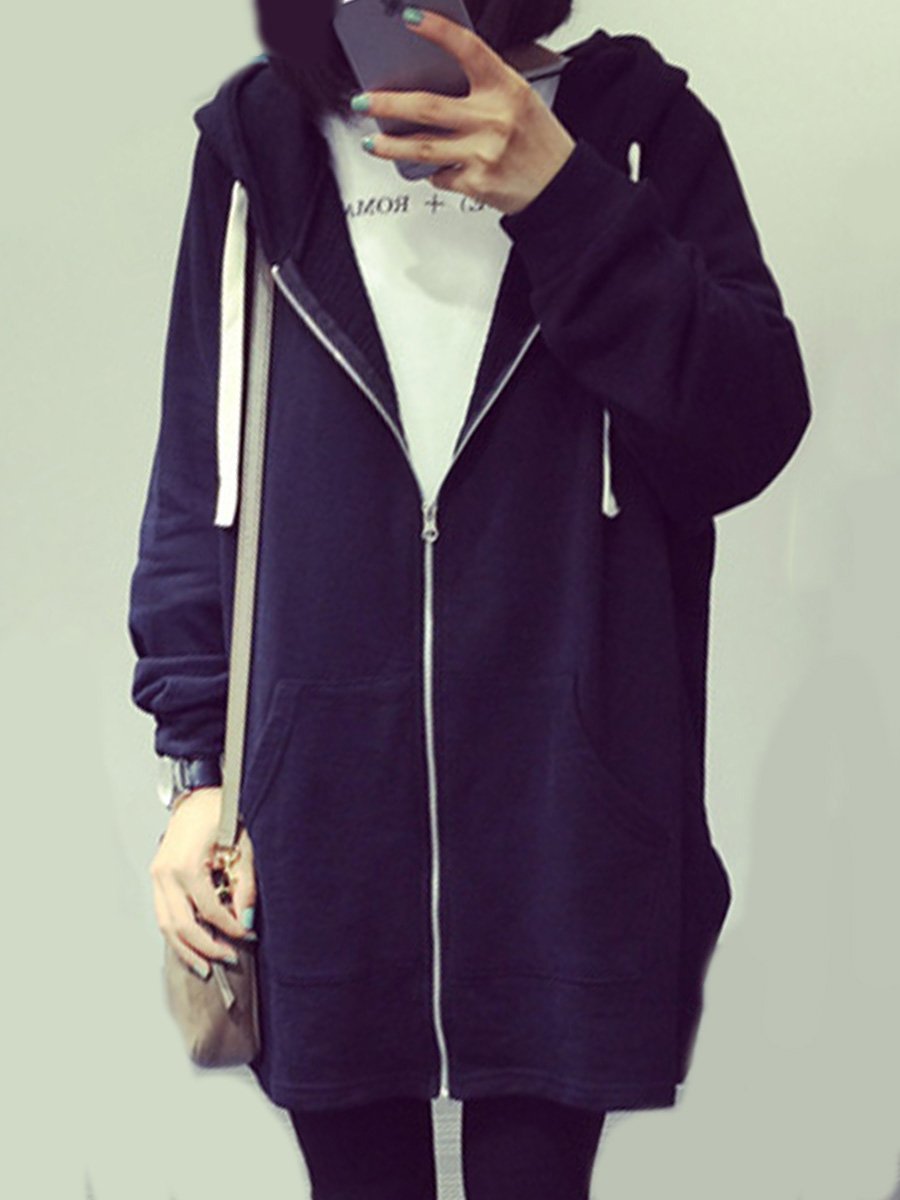 Patch Pocket Zips  Plain  Long Sleeve Hoodies