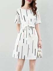 Round Neck  Belt  Printed Skater Dress