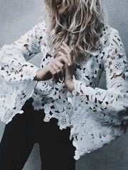 Crew Neck Cutout Crochet Plain Bell Sleeve Blouses