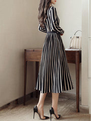 Round Neck Cutout Vertical Striped Belt Midi Skater Dress