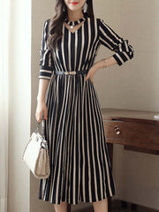 Round Neck Cutout Vertical Striped Belt Midi Skater Dress