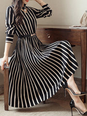 Round Neck Cutout Vertical Striped Belt Midi Skater Dress
