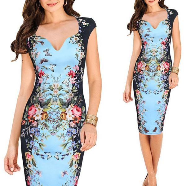 V-Neck Floral Printed Knee Length Bodycon Dress