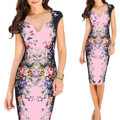 V-Neck Floral Printed Knee Length Bodycon Dress