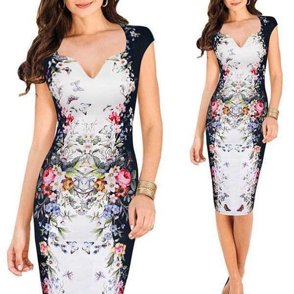 V-Neck Floral Printed Knee Length Bodycon Dress