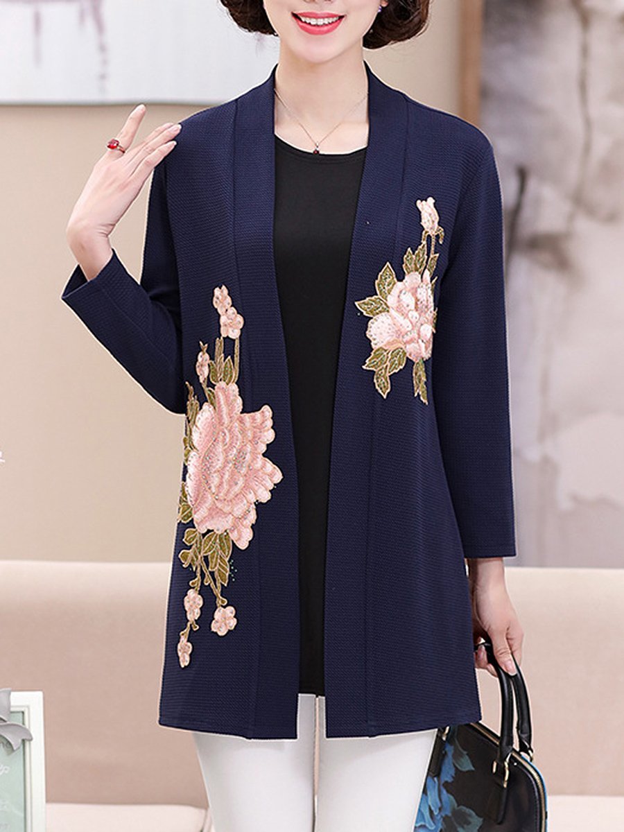 Embroidery Floral  Long Sleeve Trench Coats