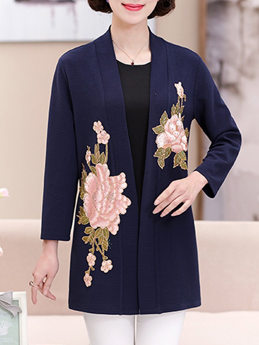 Embroidery Floral  Long Sleeve Trench Coats