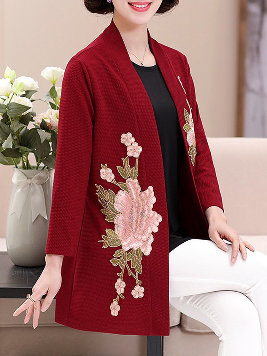 Embroidery Floral  Long Sleeve Trench Coats