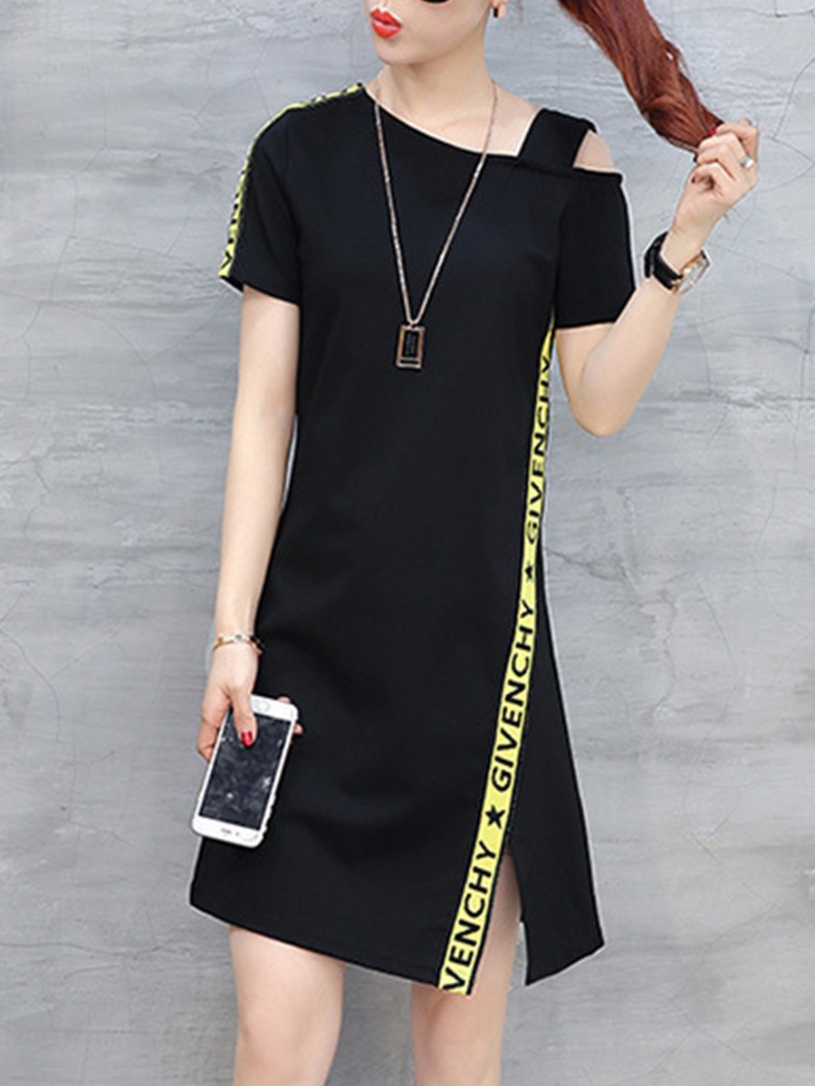 Asymmetric Neck  Side Slit  Letters Shift Dress