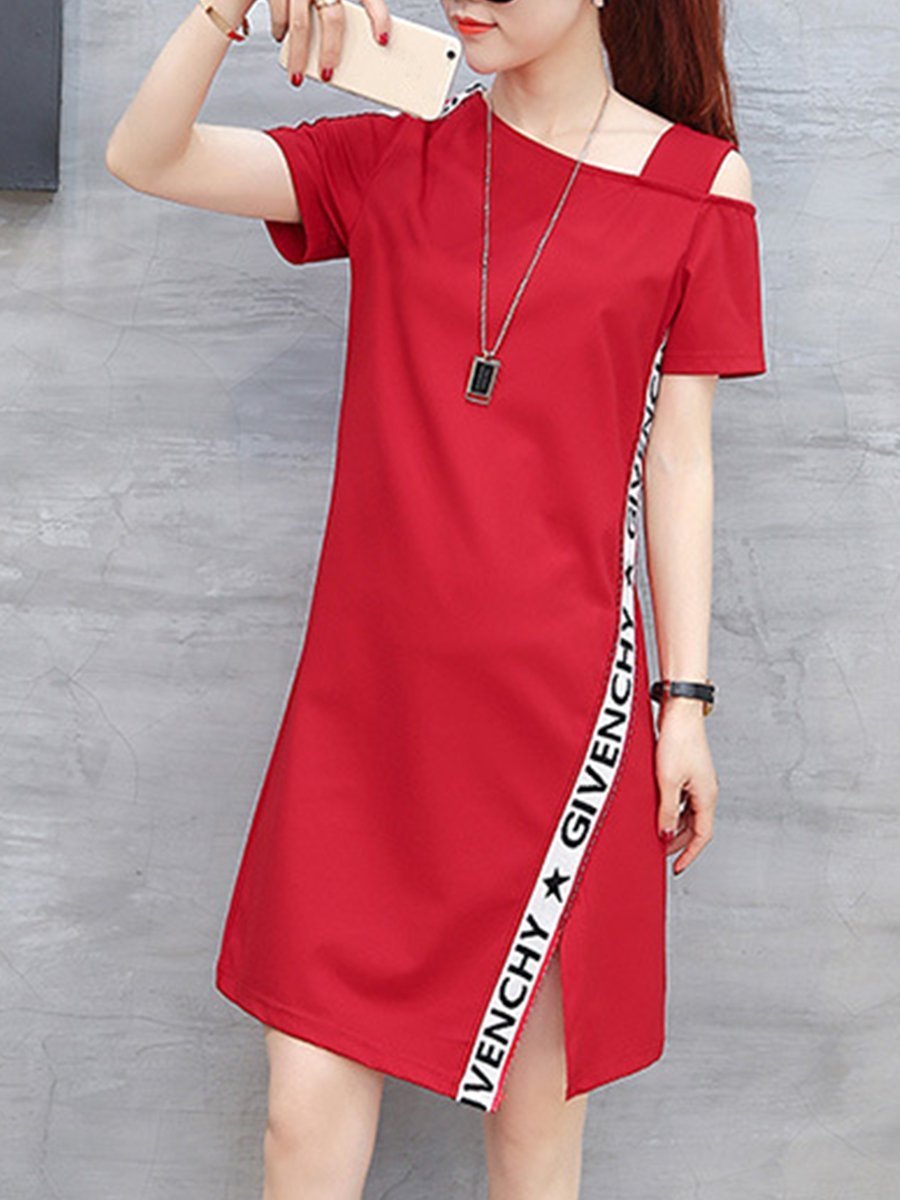 Asymmetric Neck  Side Slit  Letters Shift Dress