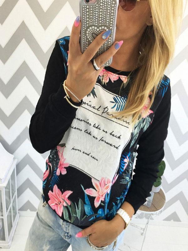 Round Neck  Floral Printed Letters T-Shirts