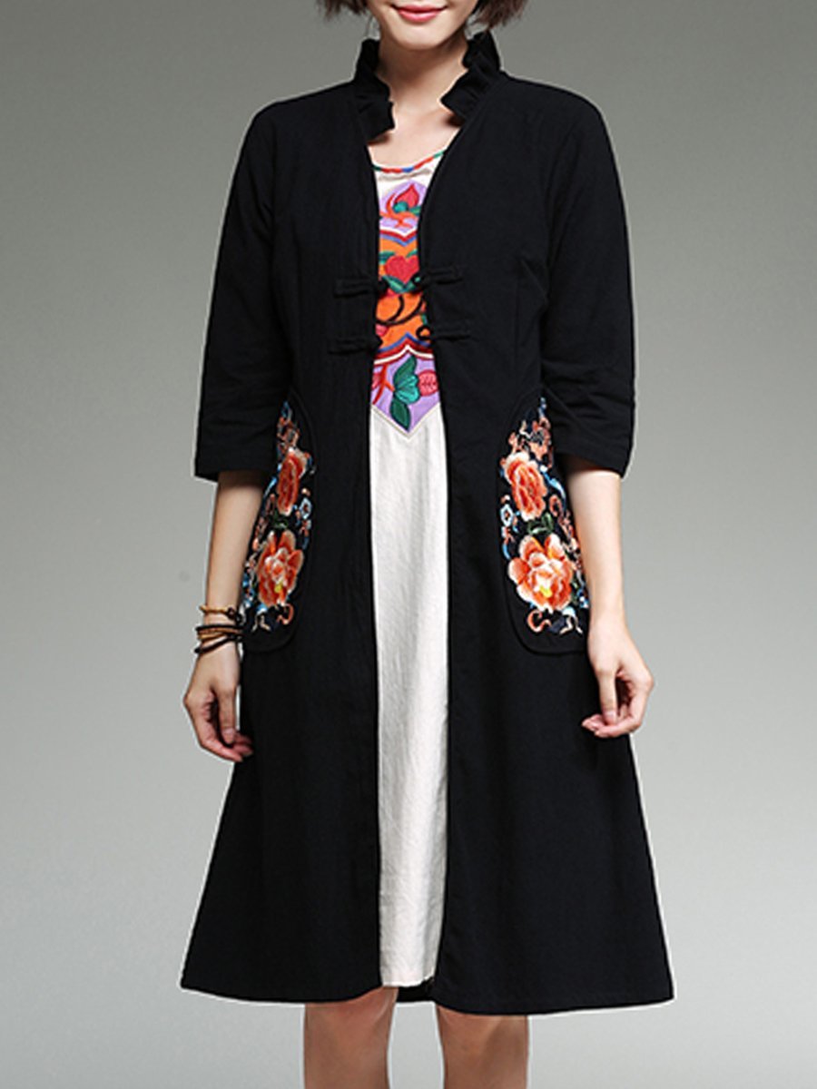 Band Collar  Abstract Print  Half Sleeve Trench Coats