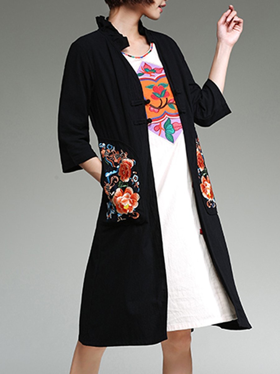 Band Collar  Abstract Print  Half Sleeve Trench Coats