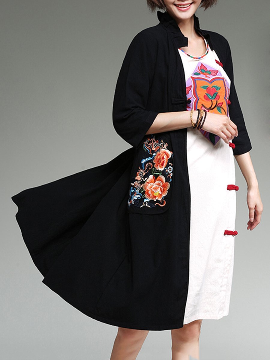 Band Collar  Abstract Print  Half Sleeve Trench Coats