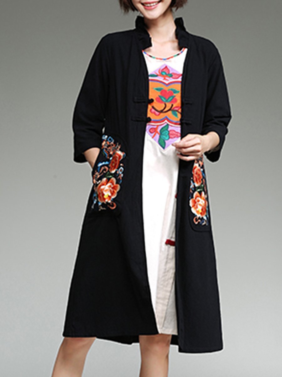 Band Collar  Abstract Print  Half Sleeve Trench Coats