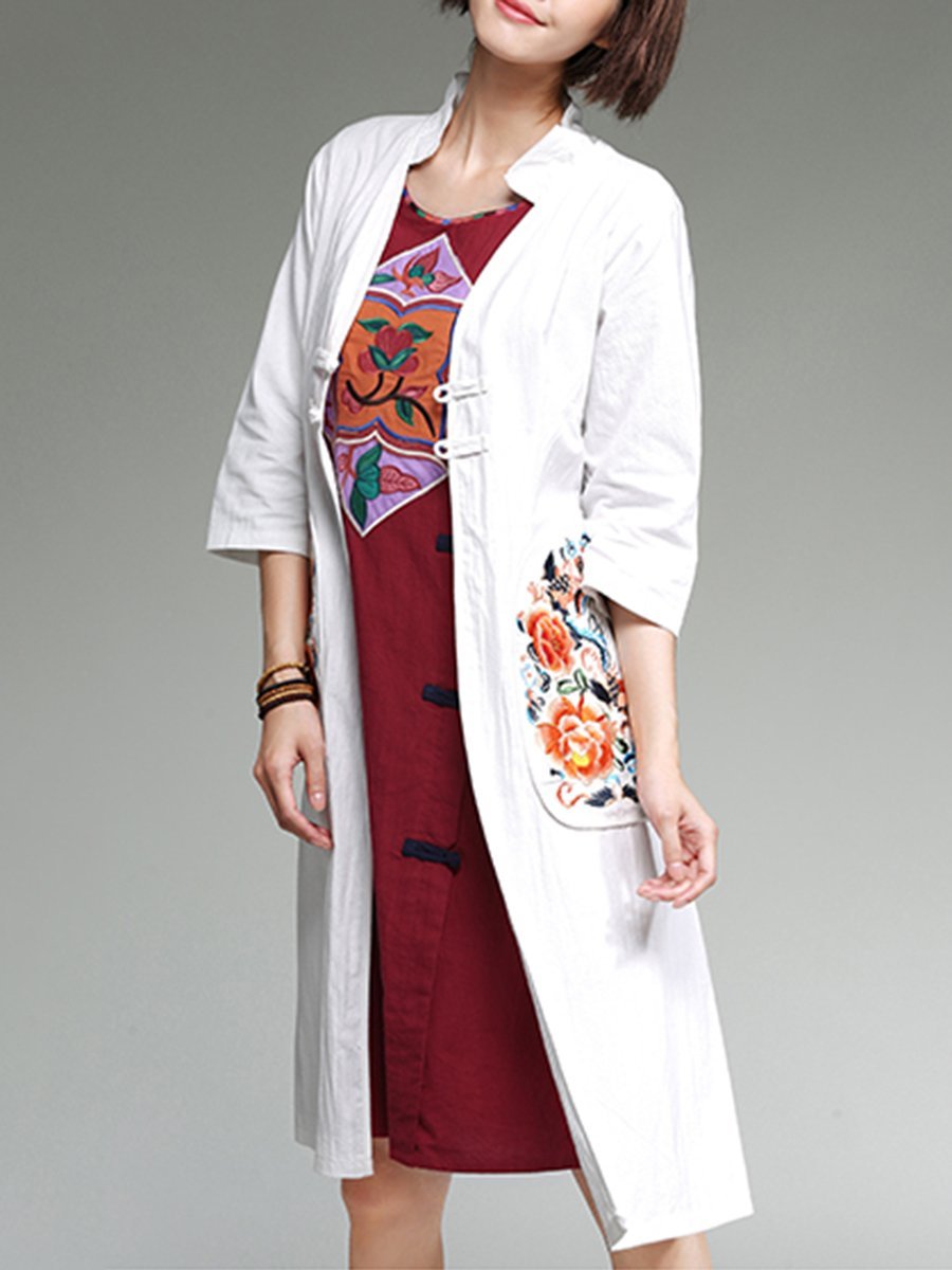 Band Collar  Abstract Print  Half Sleeve Trench Coats