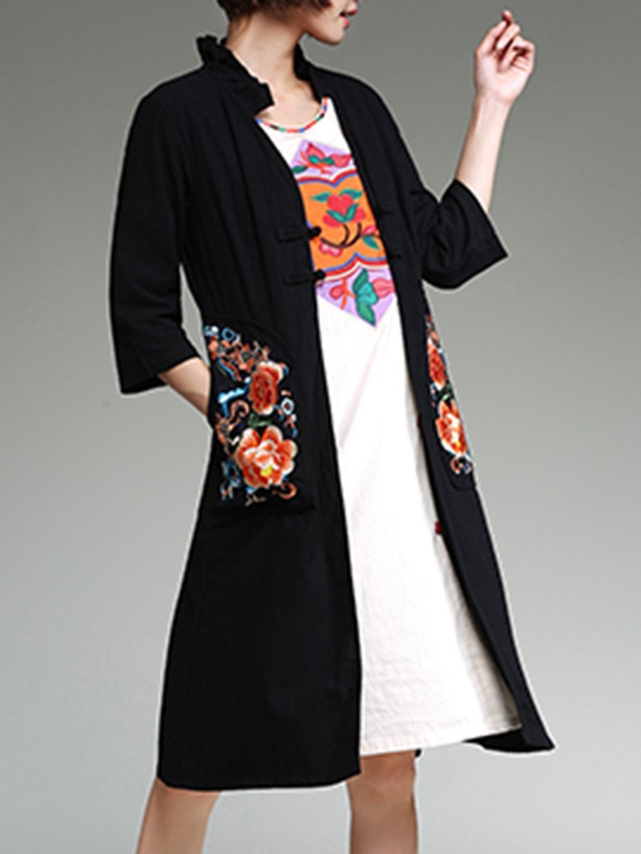 Band Collar  Abstract Print  Half Sleeve Trench Coats