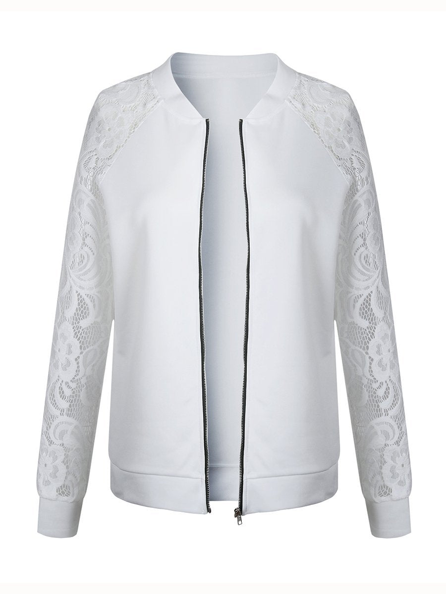 Band Collar  Zips  Lace Plain  Long Sleeve Jackets