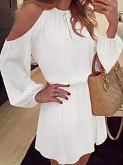 Round Neck Backless Plain Lantern Sleeve Long Sleeve Casual Dresses