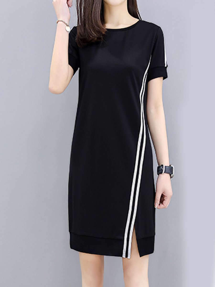 Round Neck  Side Slit  Color Block Shift Dress