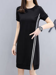 Round Neck  Side Slit  Color Block Shift Dress