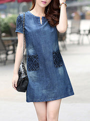 Round Neck  Patch Pocket Shift Dress