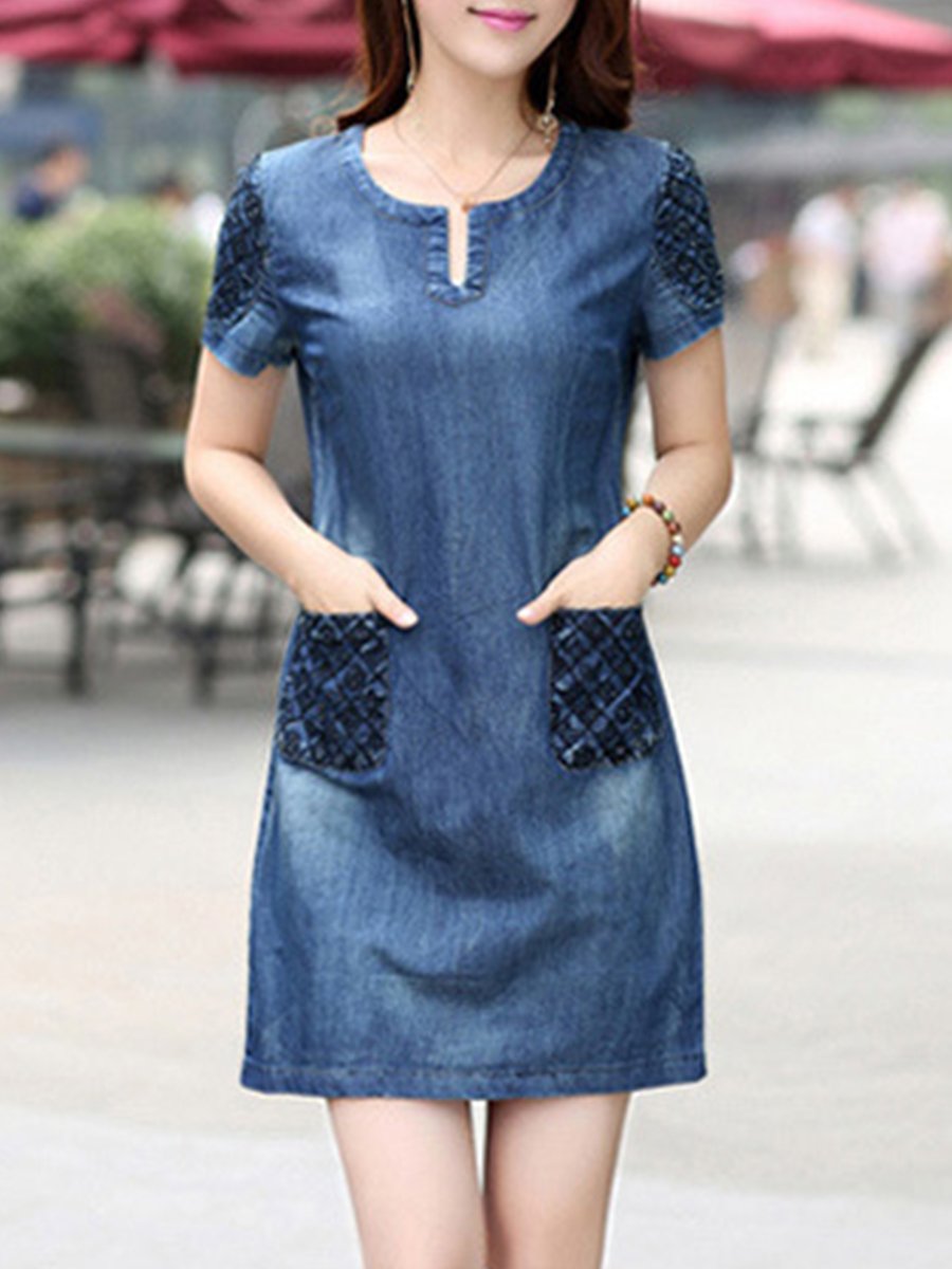 Round Neck  Patch Pocket Shift Dress