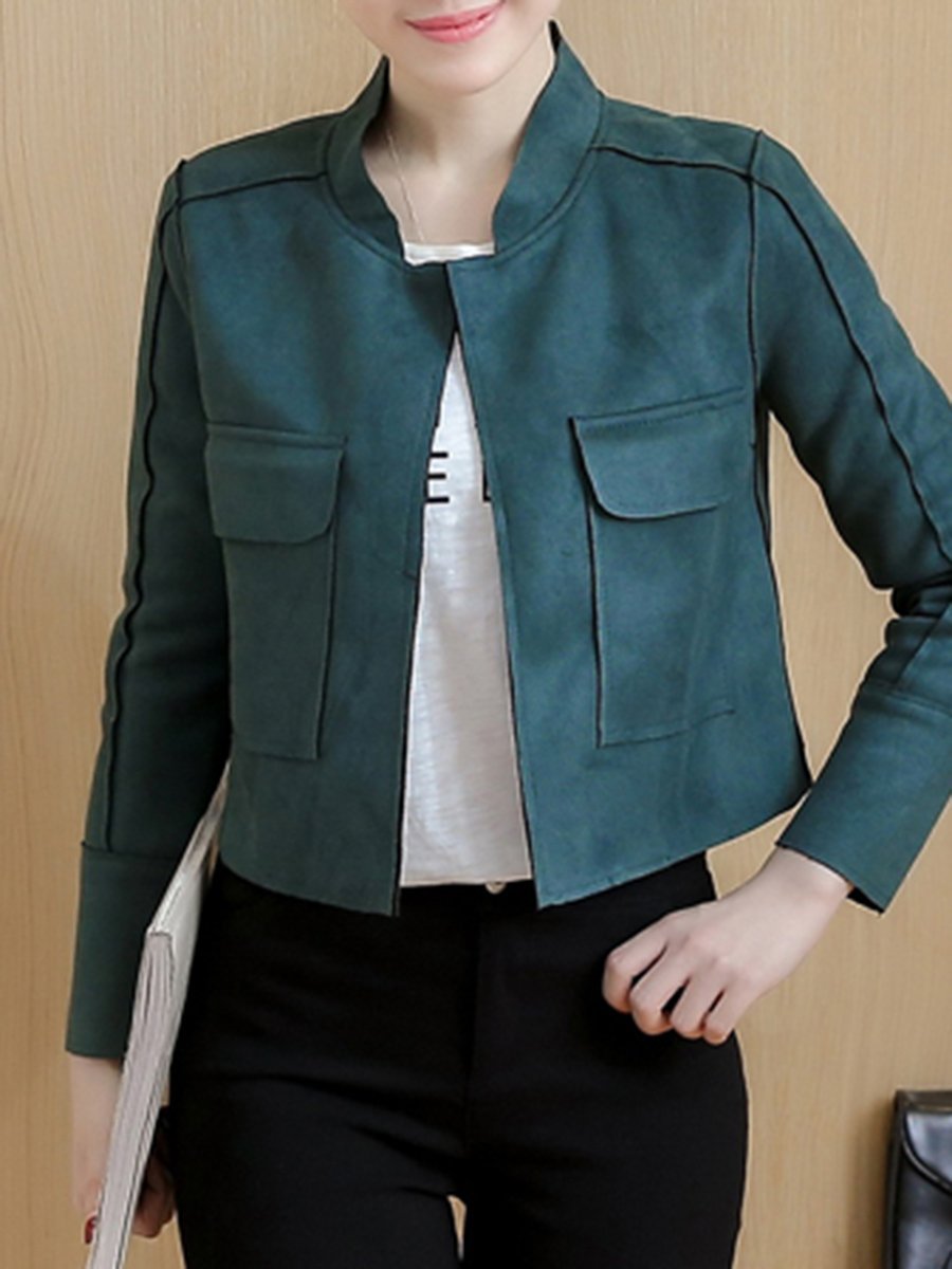 Band Collar  Flap Pocket  Plain  Long Sleeve Jackets