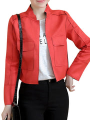 Band Collar  Flap Pocket  Plain  Long Sleeve Jackets