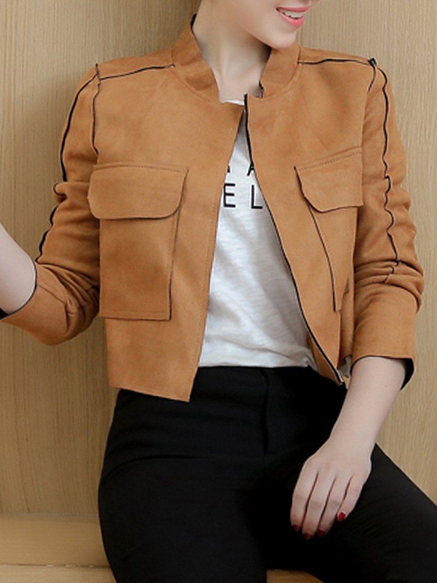 Band Collar  Flap Pocket  Plain  Long Sleeve Jackets