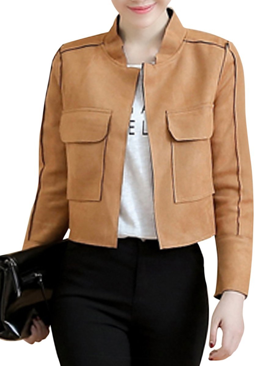 Band Collar  Flap Pocket  Plain  Long Sleeve Jackets