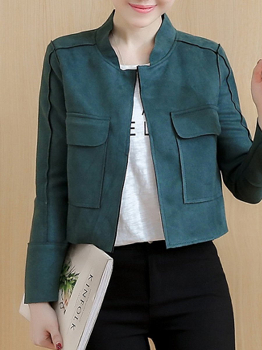 Band Collar  Flap Pocket  Plain  Long Sleeve Jackets