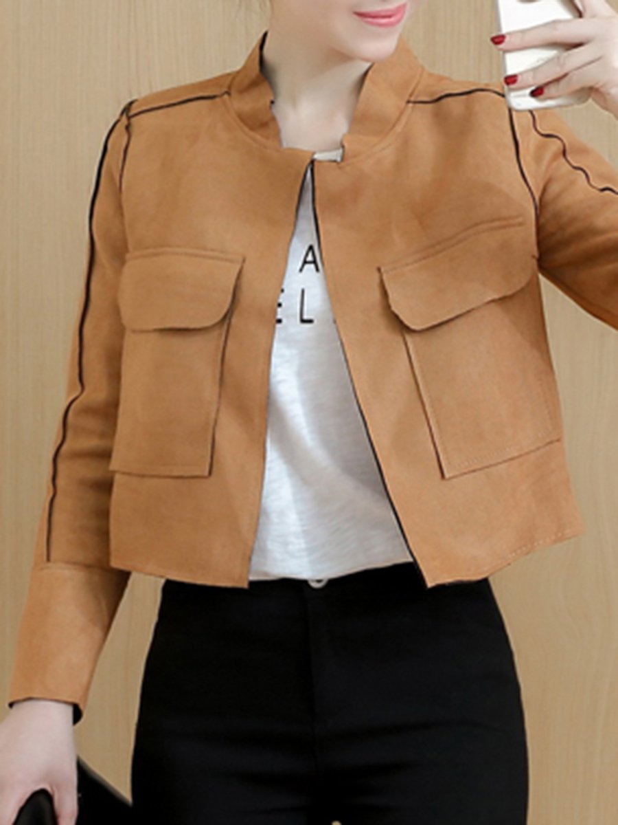 Band Collar  Flap Pocket  Plain  Long Sleeve Jackets