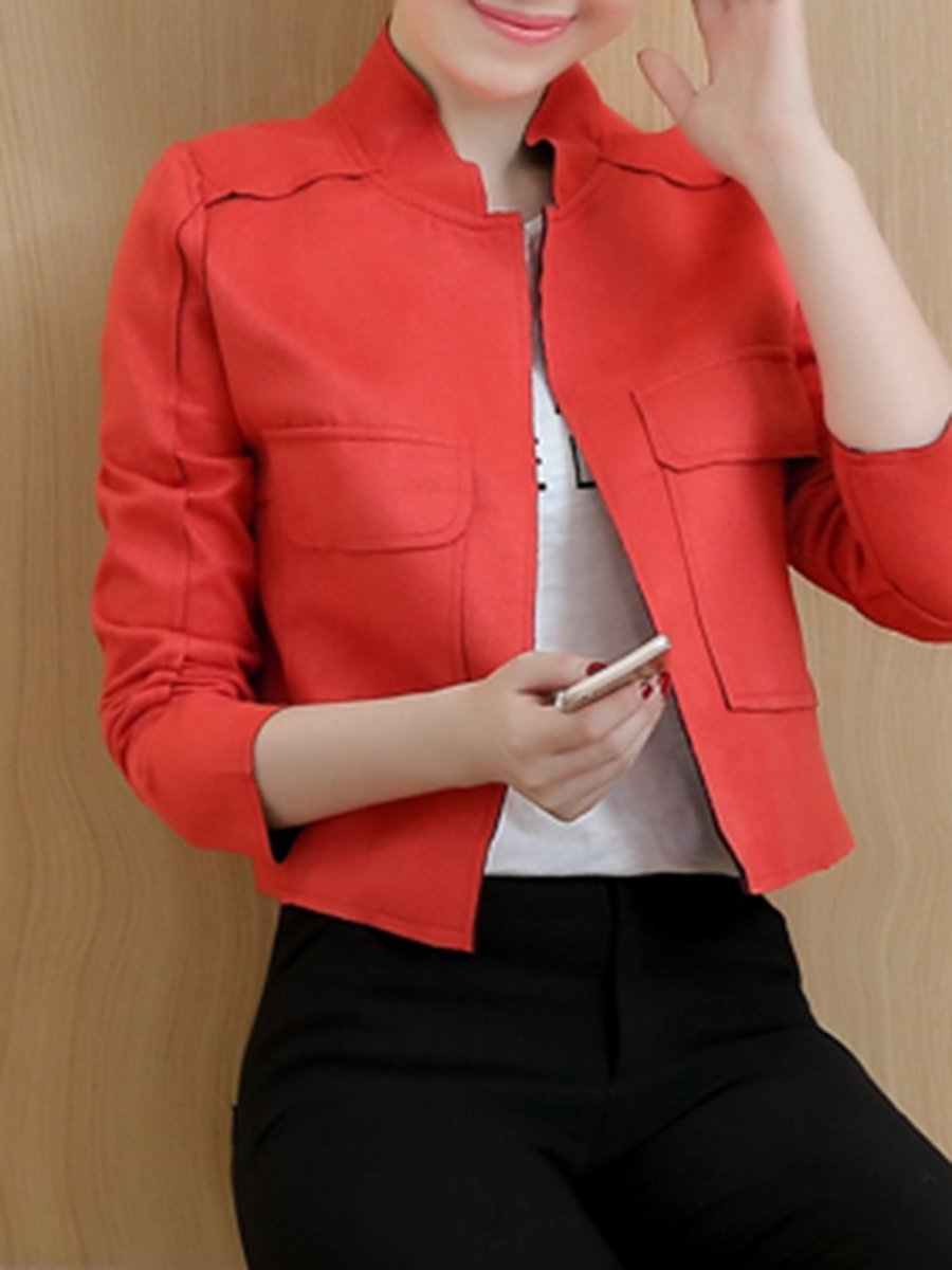 Band Collar  Flap Pocket  Plain  Long Sleeve Jackets