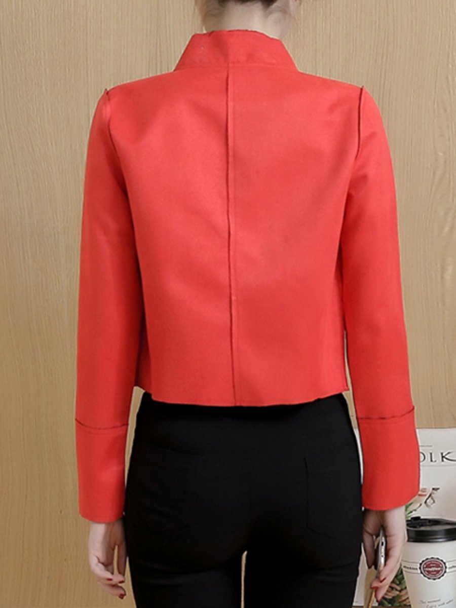 Band Collar  Flap Pocket  Plain  Long Sleeve Jackets