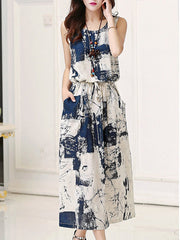 Round Neck  Drawstring Patch Pocket  Printed Maxi Dress