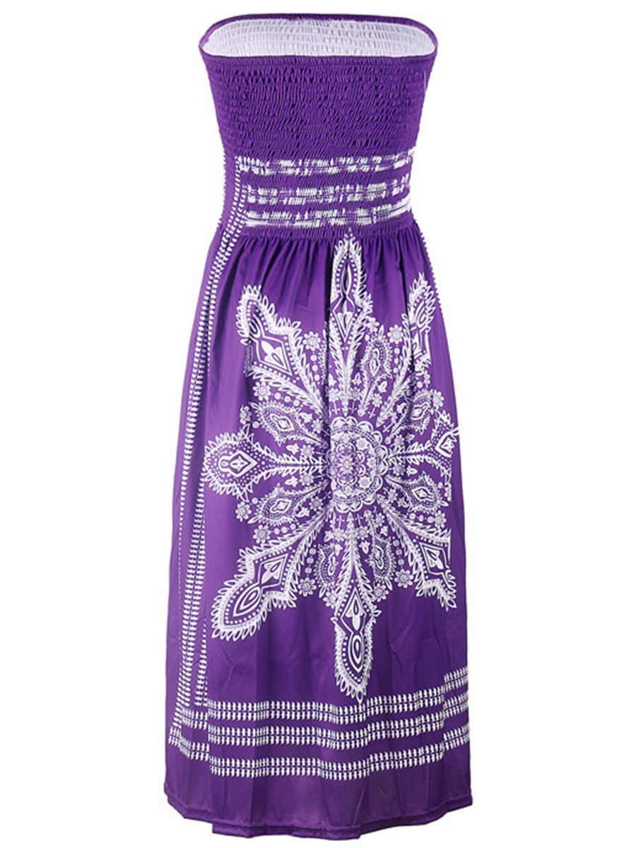 Strapless Smocked Bodice Tribal Printed Skater Dress