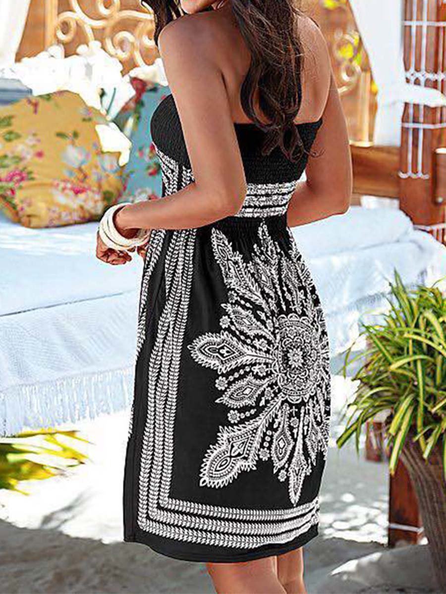 Strapless Smocked Bodice Tribal Printed Skater Dress