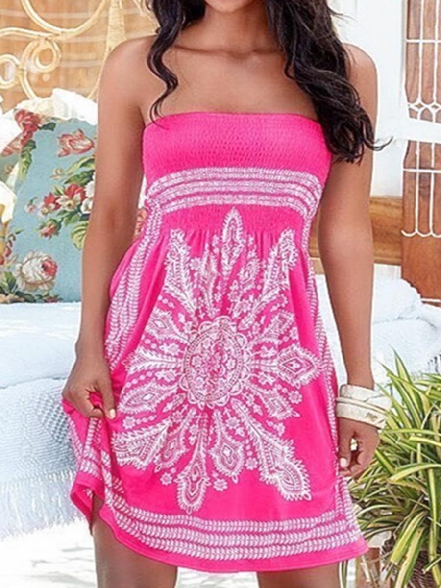 Strapless Smocked Bodice Tribal Printed Skater Dress