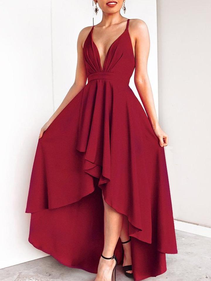 Sexy V Collar Solid Color Irregular Sling Evening Dress