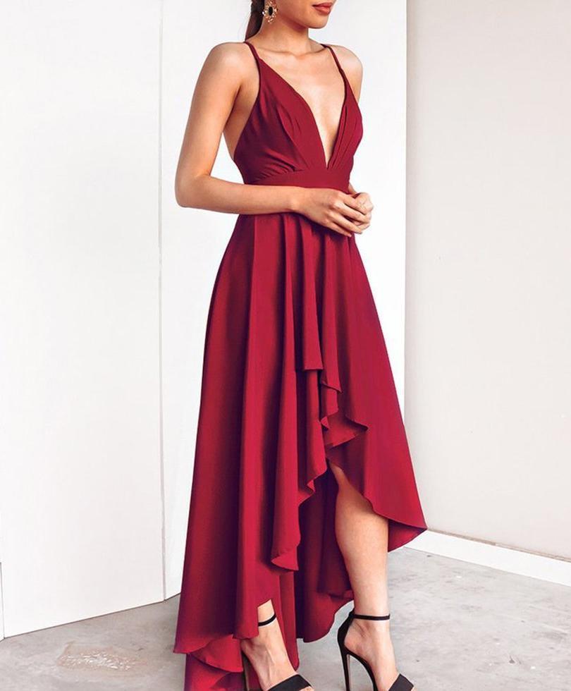 Sexy V Collar Solid Color Irregular Sling Evening Dress