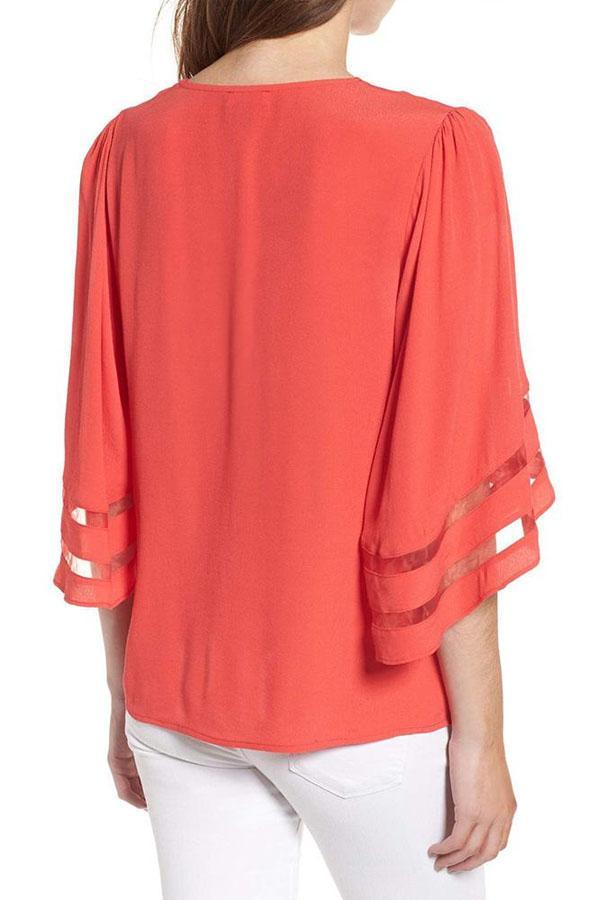 V Neck Plain Bell Sleeve Blouses For Woman