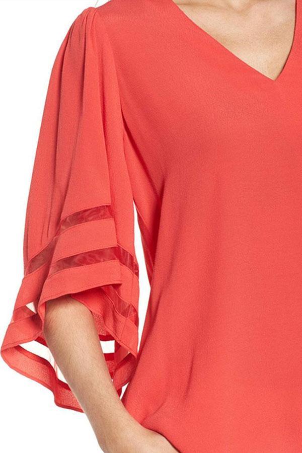 V Neck Plain Bell Sleeve Blouses For Woman